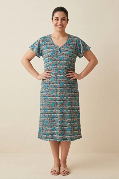 Flamingo Άνετο φόρεμα με λουλουδάτο σχέδιο, ριγέ, με λαιμόκοψη V, κοντό μανίκ...