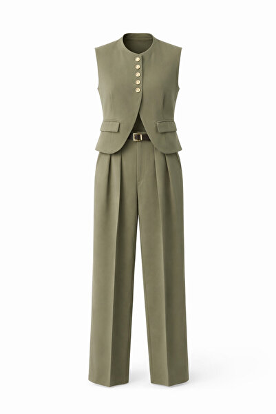 HAZELANNA Set de curea pantaloni - vestă Kaki cu nasturi aurii