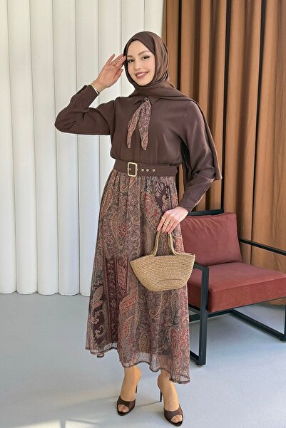 Modaensarbutik Fular Detaylı Şifon Etekli Tesettür Takım-KAHVERENGİ