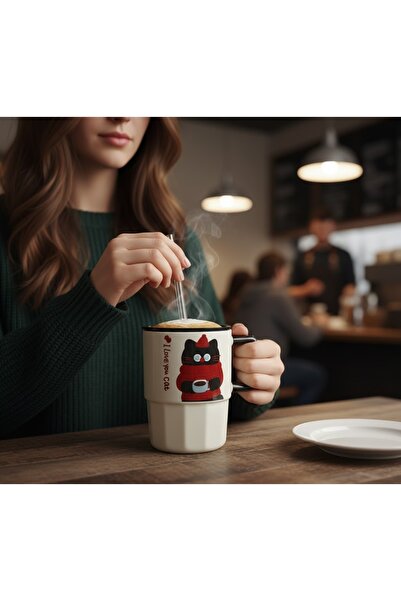 Kuzey Tacı كوب سيراميك بتصميم قطة مع غطاء وشفاطة - كوب مشروبات بتصميم خاص مع ...