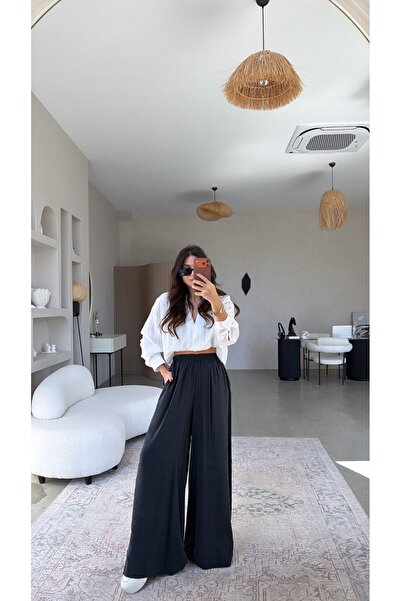 Buket Teke Pantaloni negri din tensel cu croială ultra largă