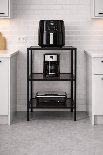 Trendmiz LUCCA Airfryer Standı 3 Katlı Metal Mutfak Rafı Füme Cam Kahve Makin...
