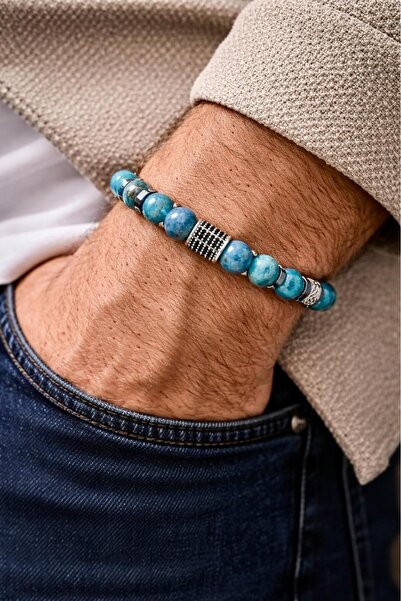 Atölye Olcay Eser Men's Bracelet with Natural Apatite Stone and Hematite Deta...