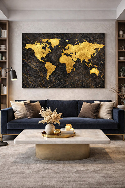 Lona Sanat Tablou Harta Lumii Aurie – Negru cu model marmorat Țesătură modern...