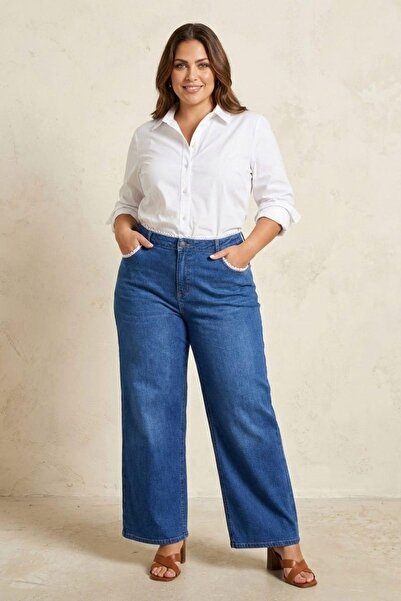 Işşıl 460- Embroidered Combination Belt - Pocketed Plus Size Palazzo Jeans