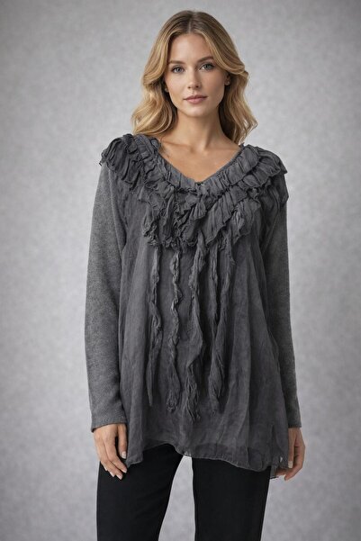 TUGBA COLLECTION Yeni Sezon İthal Tül Detaylı Desenli Bluz