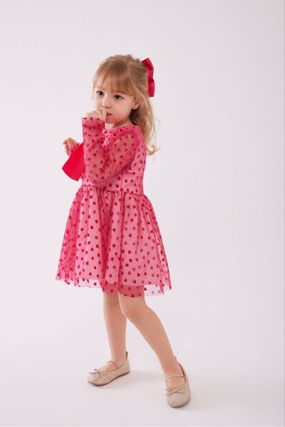 Polente Girl's Heart Detailed Sleeves Tulle Dress