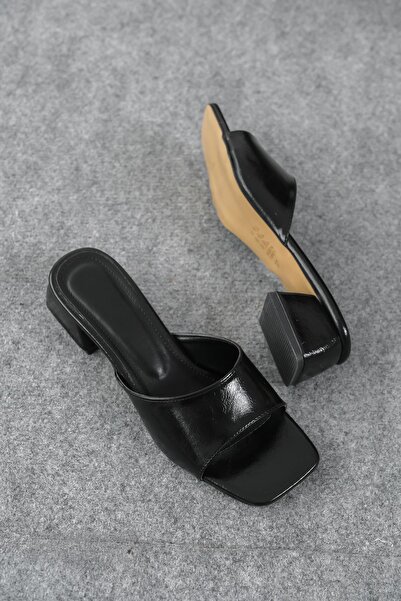 MODAADAM Women's Vinor Short Heels Slipper - Black-Patent Leather