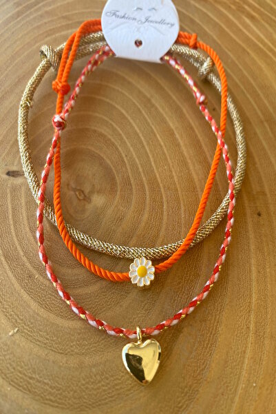 Shepidi 3-Piece Orange Adjustable Anklet with Heart and Flower Objects