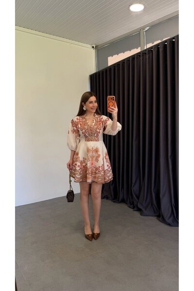 elif teke Ethnic Pattern Lined Dress Brown