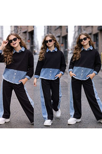 Azra KIZ ÇOCUK SİYAH KOT DETAYLI ESOFMAN TAKIMI