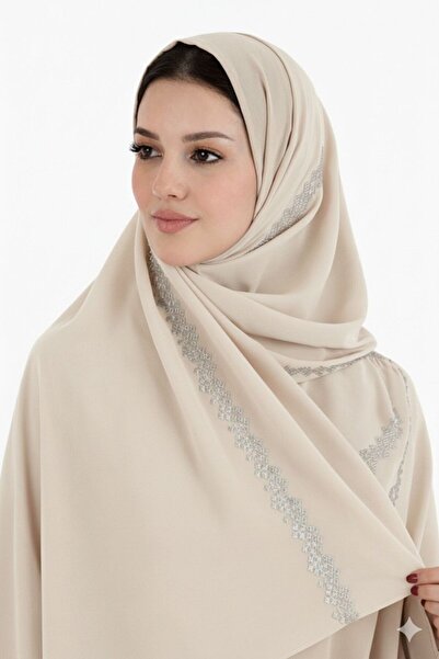 Veil Designer Beige cotton hijab with embroidery covering the entire hijab, t...