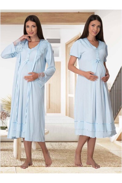 Lohusa Homewear طقم ملابس نوم نسائية زرقاء اللون للحوامل بأكمام قصيرة أنيقة د...