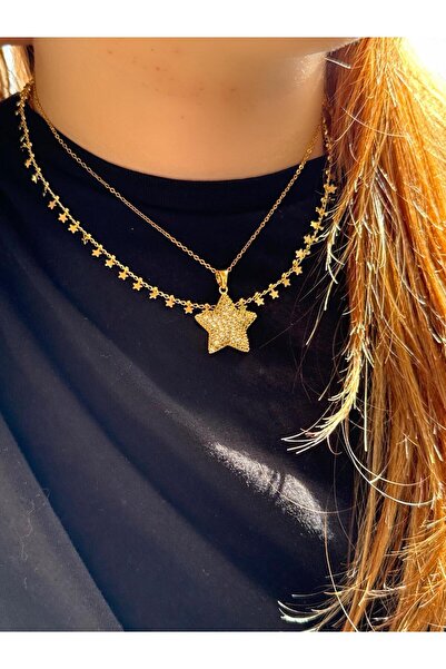 D&Z ACCESSORİES 2'li Gold Kolye Seti | Yıldız Pullu Gold Zincir Kolye & Zirko...