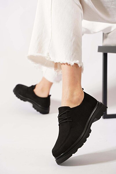 Moda Pie Pantofi de damă Resel Dikişli Bağlı piele naturală din nubuc negru