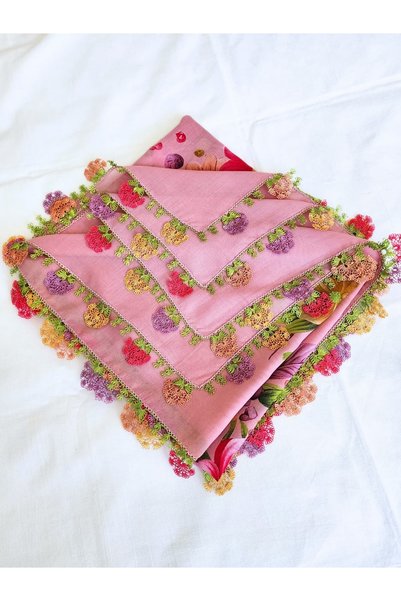 Cenk Handmade Needlework Embroidery / Needlework / Yemeni Needlework / Handmade Tulle Bent/Baş Örtüsü/Floral Pink