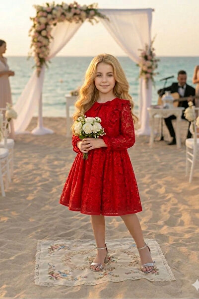ABİYEKİDS Red Color Lace in Midi Length Children's Evening Dress Aby239