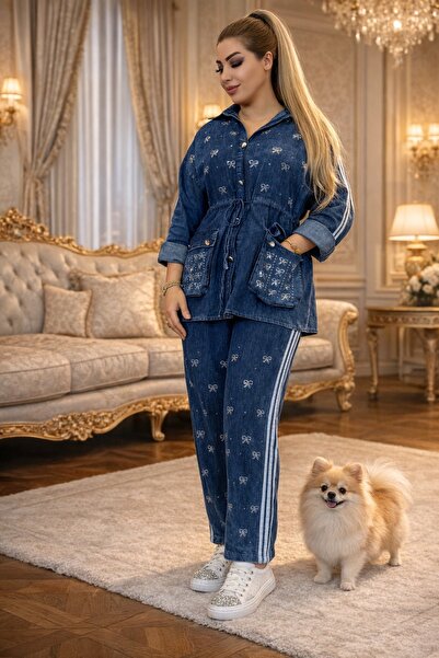 Yeşilmoda Women's Stoned Bow Motif Denim Shirt and Trousers Set Stylish Jean ...