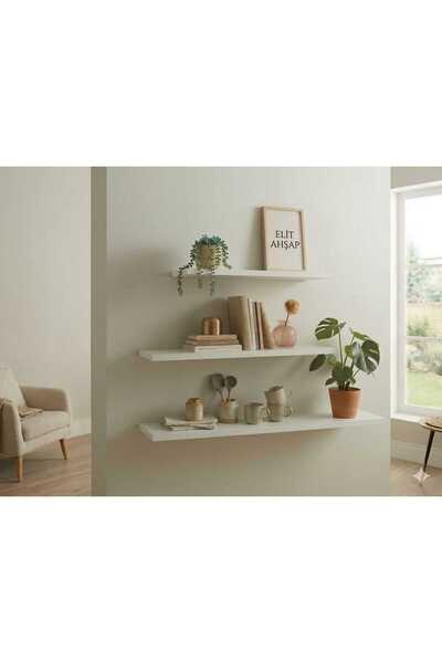 Elit ahşap 3’li Gizli Bağlantılı Uçan Raf Takımı - 50x15 Beyaz Duvar Rafı - M...