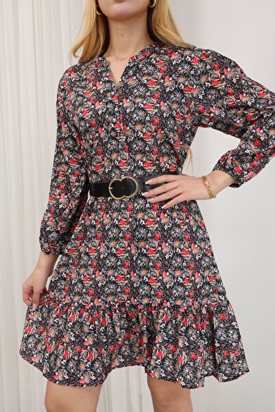 GRODYT Women's Floral Print Belt Li Dress Long Sleeve Relaxed Cut Daily Styli...