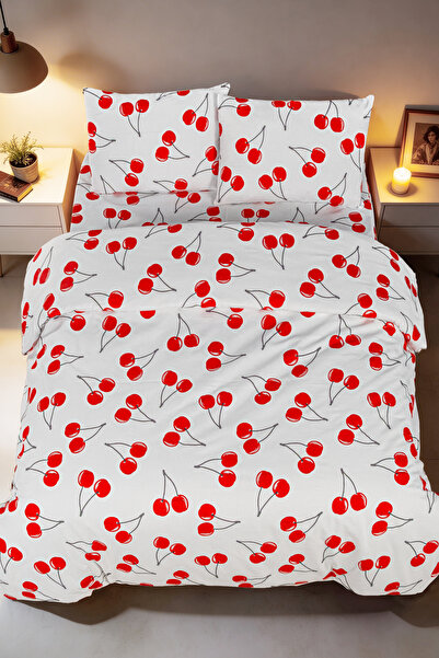 Magnolia Cherry Patterned Double Duvet Cover Set |   Red-White, Cotton Pieces...