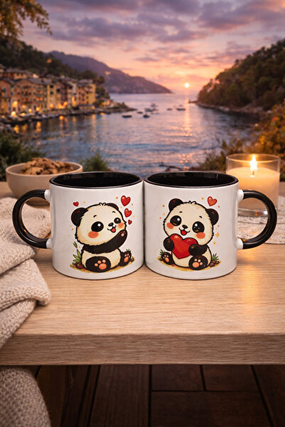 TEDİKS Sevimli Panda 2’li Porselen Kupa Bardak Seti – Kalpli Panda Tasarım Çi...