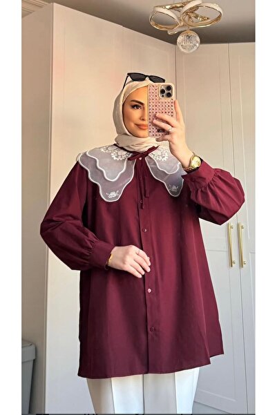 BellaVita Botuique Tül Yaka Detaylı Bordo Gömlek