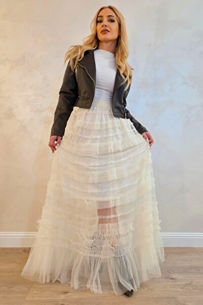 FashionForYou Fustă lungă BOHO, transparentă, cu inserții de tul și dantelă ,...