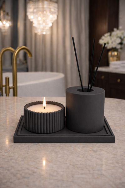 Lethe Design Beton Dekoratif Banyo Seti Difüzör Kabı, Soya Mum, Tepsi (KOKU V...
