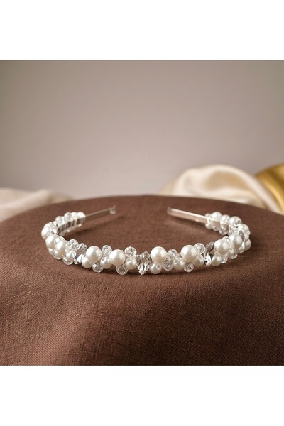 A Design Art Kristal ve inci detaylı nikah, nişan, düğün gelin tacı gelin tok...