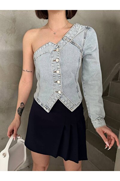 LOKADI Γυναικείο τζιν μπουστάκι με ασύμμετρη κοπή σε έναν ώμο - Ανοιχτό μπλε ...