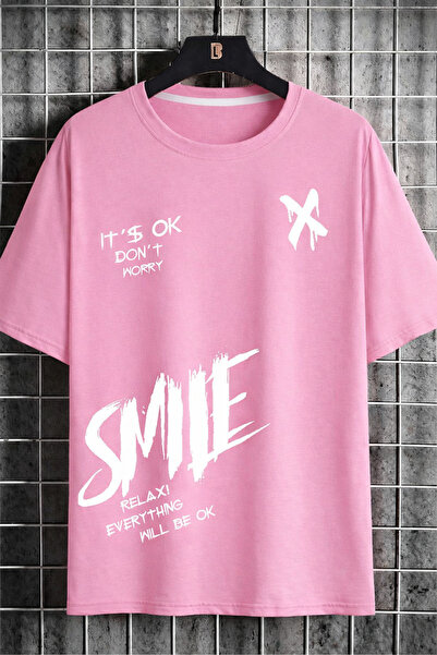 MARKATEM Γυναικεία Ανδρικά Μπλουζάκια Smile Lettering με τύπωμα oversized Uni...