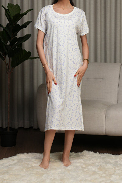 hendam فستان منزلي قطني بنقشة الزهور البرية - أبيض وليلكي