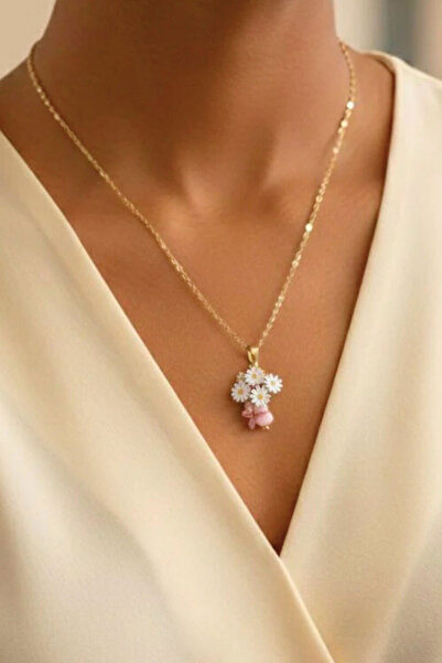 Colorful Daisy Bouquet Design Gold Steel Necklace
