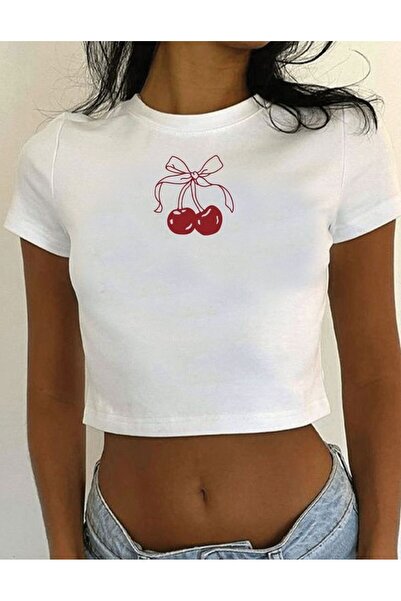 Violon Cherry Bow Printed White Cropped