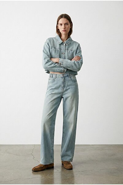 Quzu Lazerli Crop Ceket Mavi