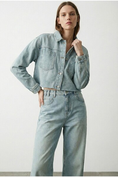 Quzu Lazerli Bol Paça Jean Pantolon – Yüksek Bel Kadın Denim Pantolon