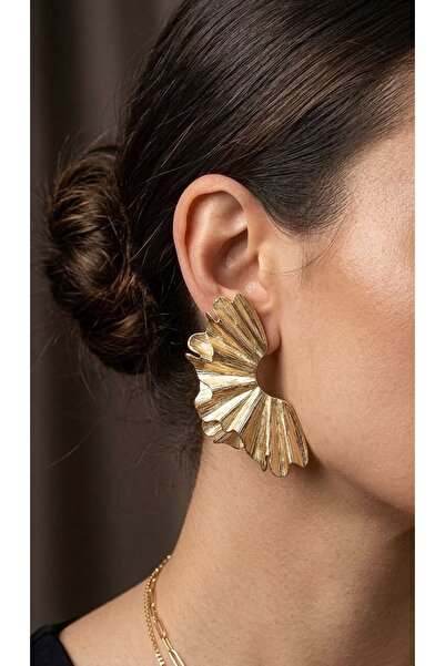 KARE ACCESORIES Gold Textured Abstract Leaf Detailed Large Size Earrings