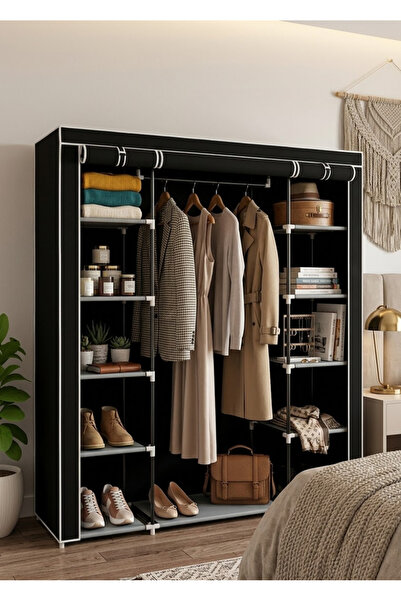 Missidea Çift Yandan Raflı Bez Elbise Dolabı Metal Profil İskelet Gardırop Siyah