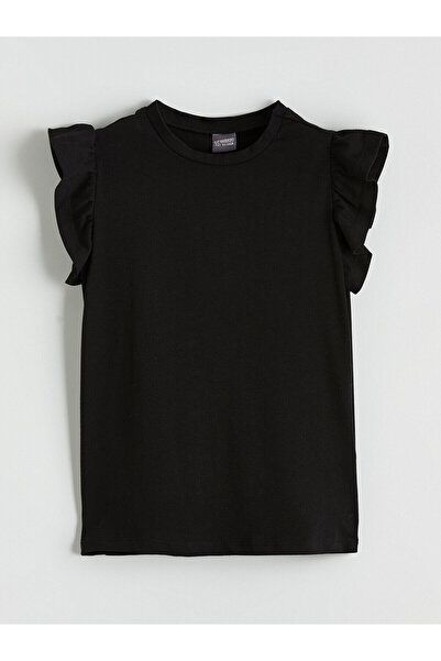 LC Waikiki تي شيرت أسود بأكمام مكشكشة وياقة دائرية للفتيات من GÜLİS GİYİM