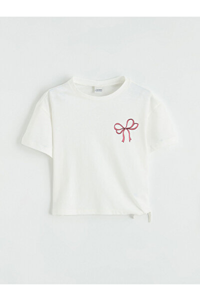 LC Waikiki Two Mt Shop Quality Ecru Bow Printed Girls' T-Shirt