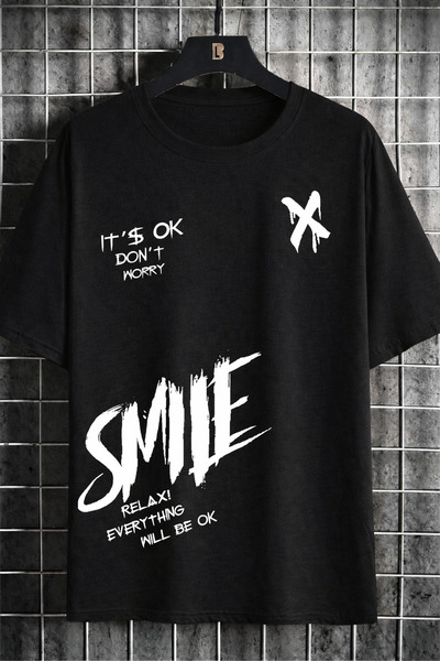 MARKATEM Γυναικεία Ανδρικά Μπλουζάκια Smile Lettering με τύπωμα oversized Uni...