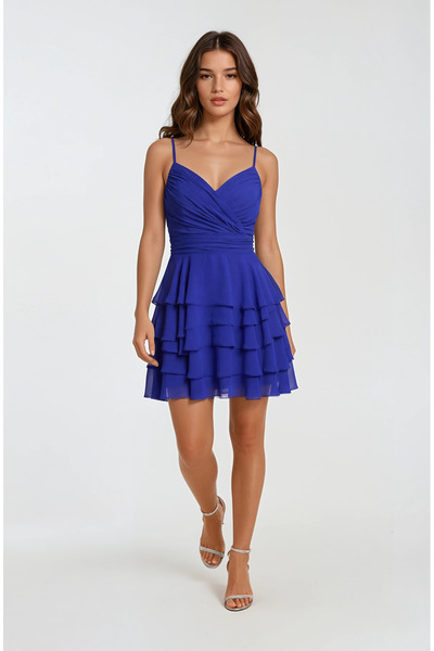 Spazio Orialdo İnce Askılı Kruvaze Yaka Kat Kat Kısa Abiye Elbise SAKS