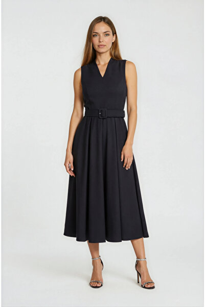 Spazio Kloş V Yaka Kemer Detaylı Midi Elbise SİYAH
