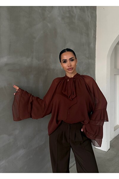 OKSOCOLLECTİON Fular Yaka Volan Kol Şifon Bluz