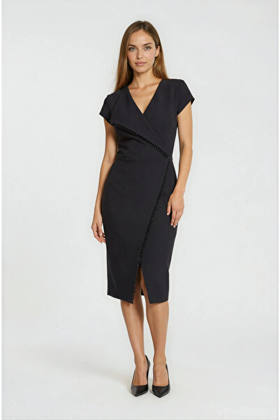 Spazio Asimetrik Kesim Boncuk Detaylı Midi Abiye Elbise SİYAH
