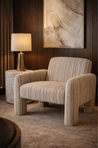 MARIA HOMES كرسي بذراعين عصري مزين بقماش بيج، كرسي مريح ومنجد لغرفة المعيشة