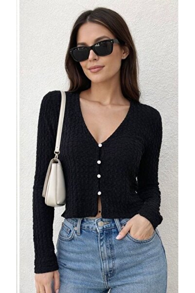 La cannee Textured Buttoned Women's Blouse Black