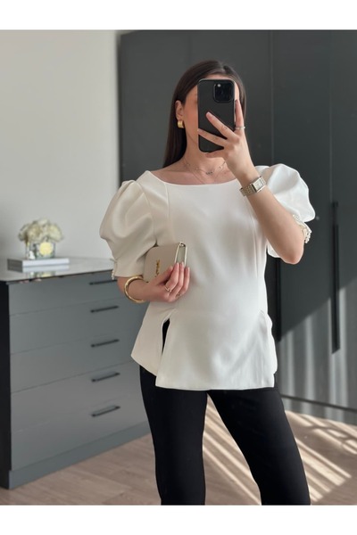 Tugen Co Poplin Bluz with Pearl Bow Detail