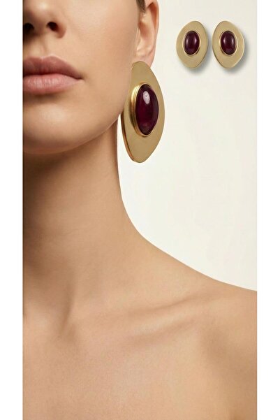Spazio Taşlı Oval Vintage Küpe BORDO